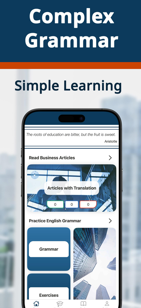 Mobile app screen for learning business English featuring sections for articles with translation and grammar exercises