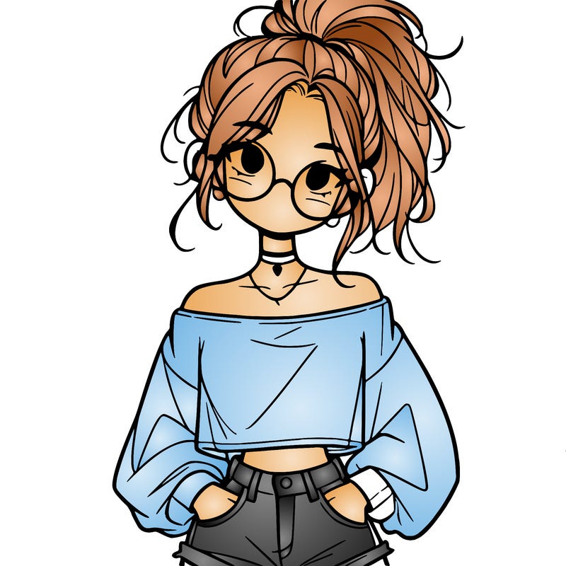 girl with a messy ponytail glasses a baggy crop top and jean shorts