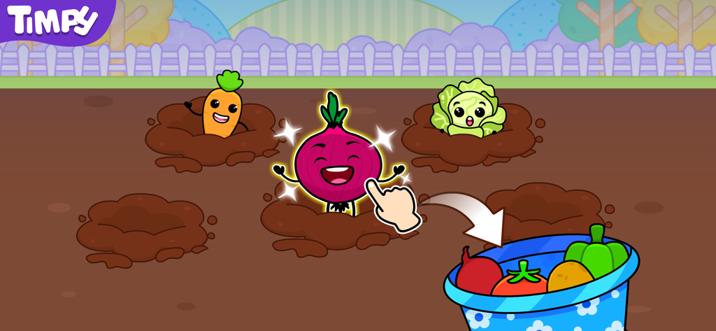 Barn & Farm Games For Kids - Cartoon onion being dragged into a basket in a toddler farm game