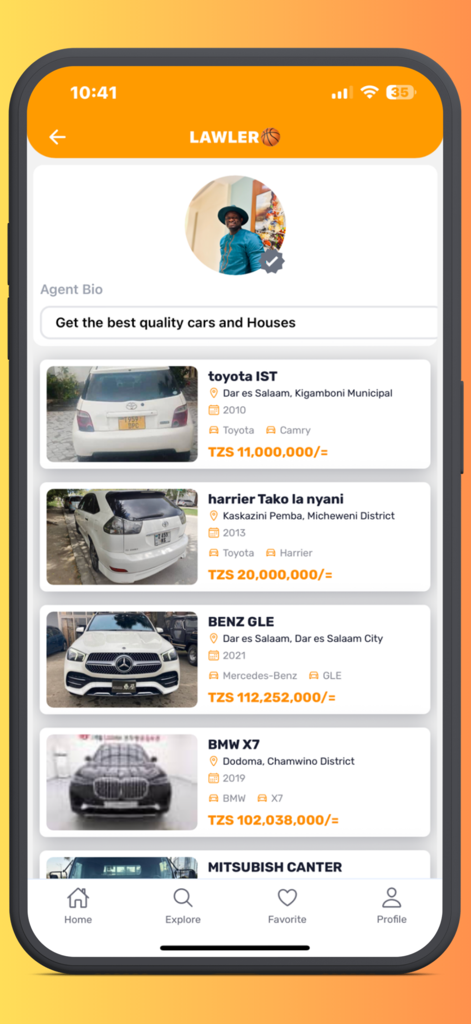 Dalali Connect - Dalali Connect mobile app displaying vehicle listings with prices and locations