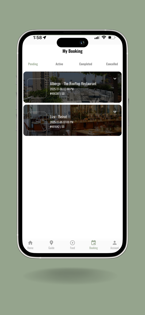 Waitlist: Restaurants Booking - Schermata dell'app Waitlist che mostra un elenco di prenotazioni di ristoranti e locali notturni in sospeso per un navigatore sociale urbano.