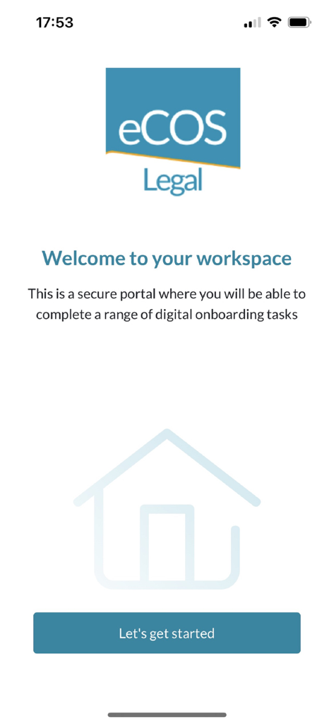eCOS Legal - The welcome screen of the eCOS Legal app for secure digital onboarding tasks.