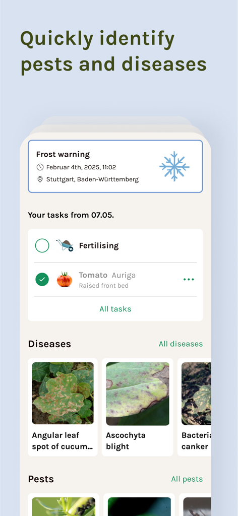 Garden Planner by Fryd - Frydアプリのスクリーンショットで、植物の病気の特定、霜の警告、毎日のガーデニングタスクリストを表示