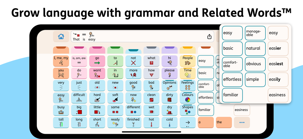 Proloquo - Proloquo AACアプリのインターフェース。語彙成長のための文法と関連語機能が表示されています