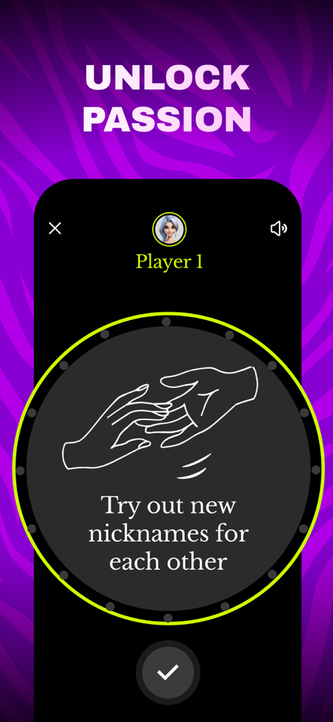 Uma captura de tela do aplicativo Jogos para Casais mostrando um recurso de roda da paixão com um desafio para experimentar novos apelidos um para o outro.