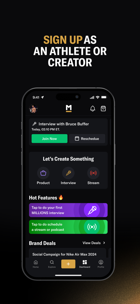 Interface of the MILLIONS app showing the athlete and creator dashboard with options for interviews, live streaming, and brand deal management.