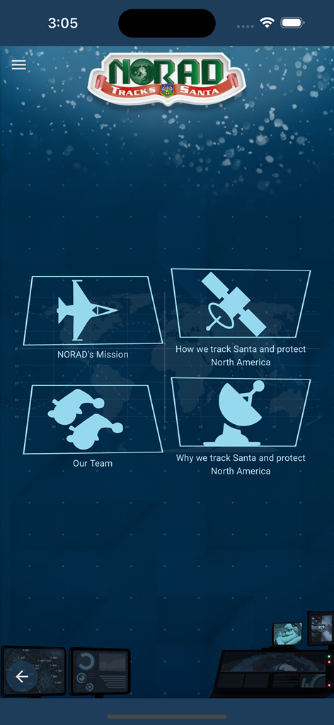 NORAD Tracks Santa Claus - The main menu of the NORAD Tracks Santa app showing sections for the mission, tracking methods, and the team.