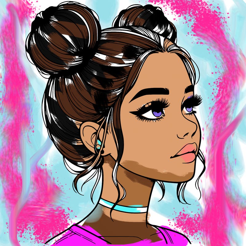 realistic girl with buns on the top of her head