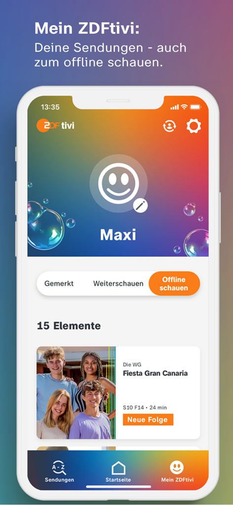 ZDFtivi-App – Kinderfernsehen - Écran de profil de l'application ZDFtivi montrant le contenu sauvegardé hors ligne