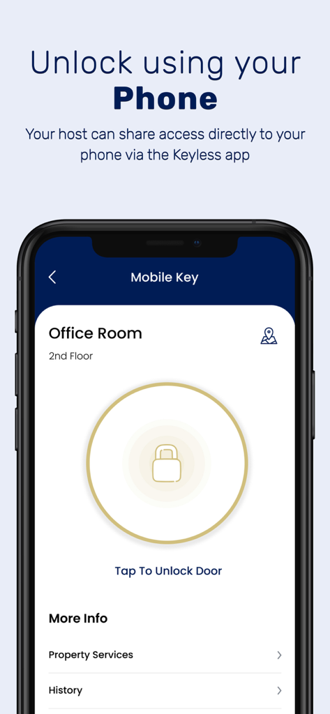 Keyless App - A smartphone screen showing the Keyless App interface with a tap to unlock button for a digital key