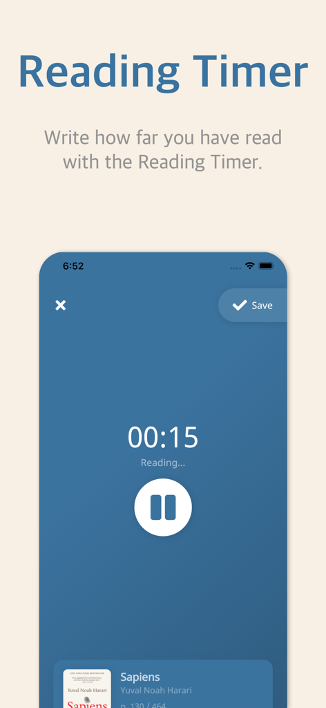 Bookmory app interface showing a reading timer and progress for the book Sapiens