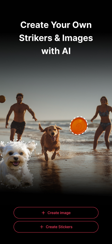 CutStory: AI Reels Editor - CutStory app interface for creating AI stickers and images from a photo of a beach scene with a dog