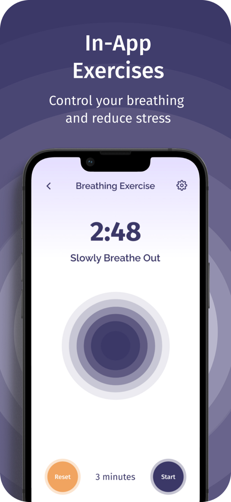 Breathing exercise screen in the Brain Fit Life app showing a timer and guided instructions to reduce stress