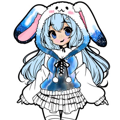 pretty anime girl wearing a fluffy hoodie with bunny ears on the hood and a skirt
