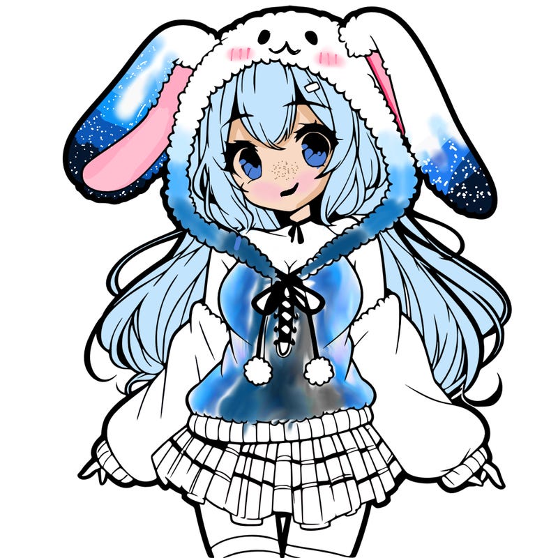 pretty anime girl wearing a fluffy hoodie with bunny ears on the hood and a skirt