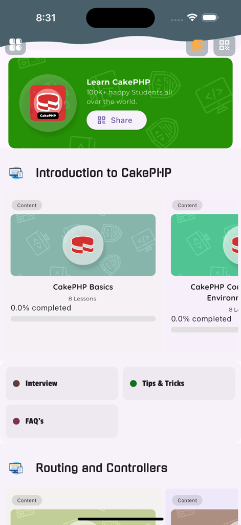 The home screen of the Learn CakePHP Framework app showing course categories like CakePHP Basics and Interview Questions.