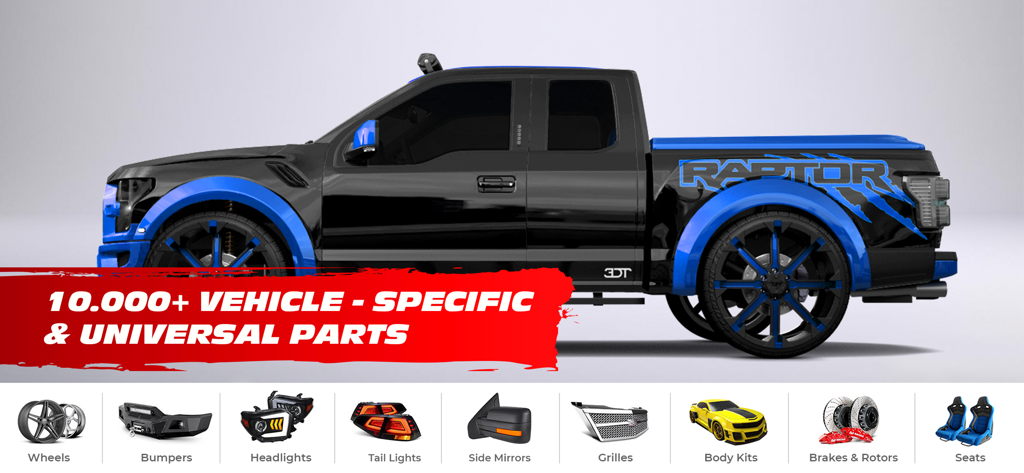 3DTuning: Car Game & Simulator - Black and blue customized Ford Raptor truck showing various vehicle specific tuning parts