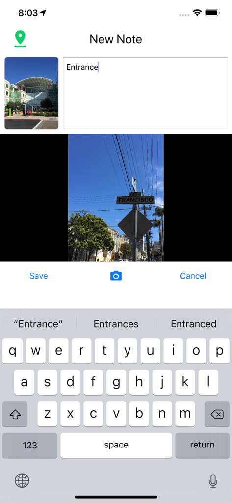 RouteNote - Tela de nova nota no RouteNote com texto e anexos de fotos