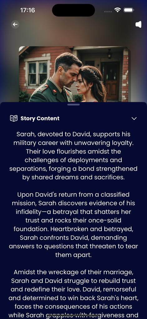 Amor: Drama, Shorts, Stories - Amor app story content screen showing a military romance summary and an image of a couple
