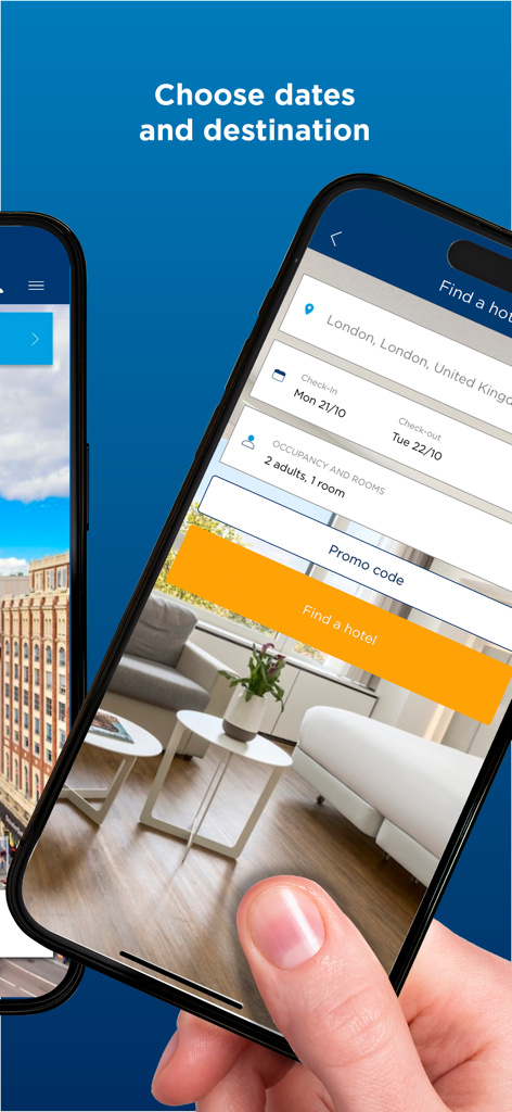NH Hotel Group app interface for selecting dates and destination to find a hotel