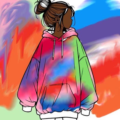 realistic girl with a oversized sweatshirt on and a bun