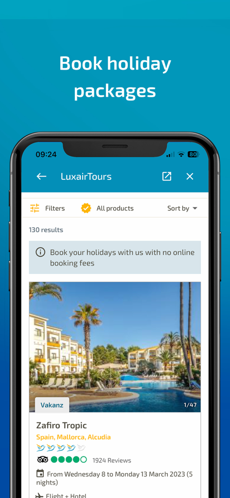 Interfaz de la aplicación móvil Luxair para reservar paquetes vacacionales que muestra un resort en Mallorca España