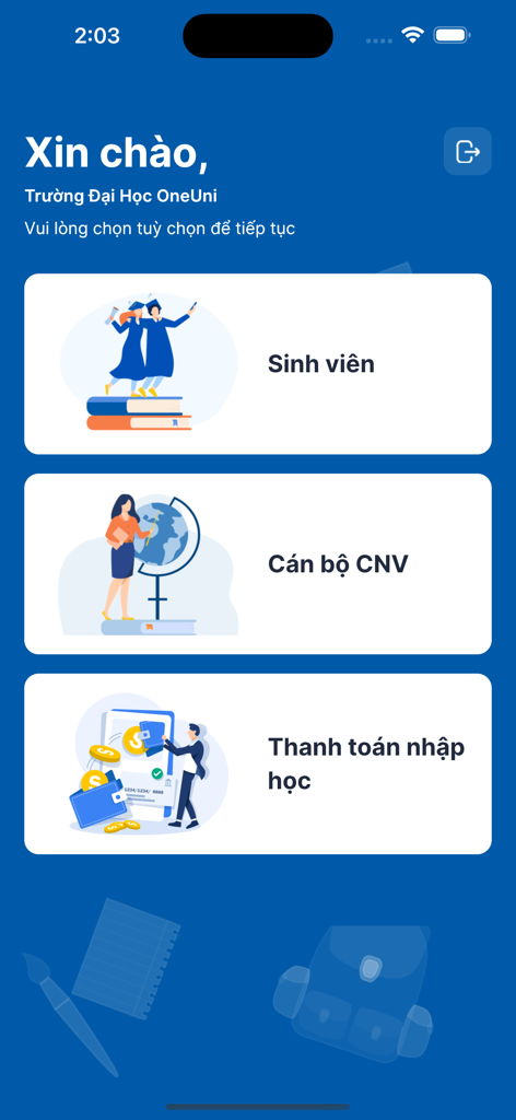 OneUni mobile App Startbildschirm mit Optionen für Studenten, Personal und Zulassungszahlungen