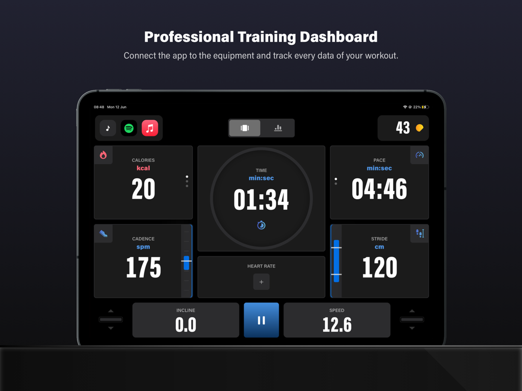 Technogym Live - Technogym Live professional training dashboard showing real-time workout metrics on an iPad