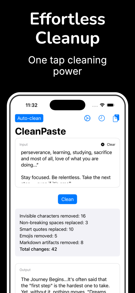 Clean Paste - Invisible Text - Clean Paste app interface showing text cleanup statistics and input output previews