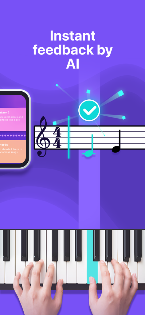 Simpia – Learn piano by songs - A person playing a keyboard while the Simpia app provides instant AI feedback on musical notes