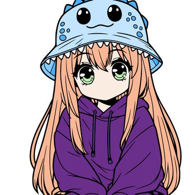 girl with anime shaped eyes with a dinosaur bucket hat oversized sweatshirt long straight hair