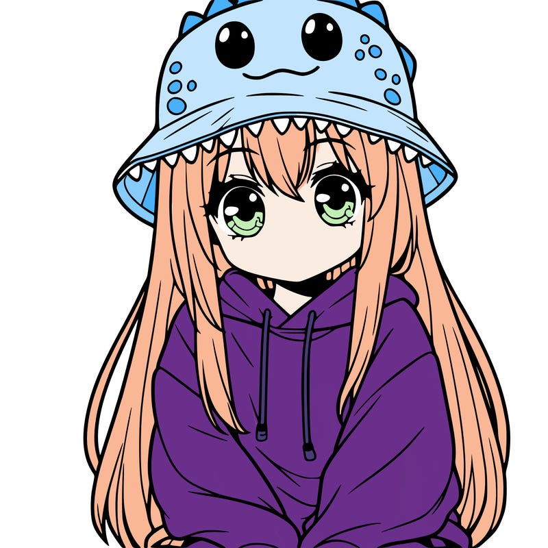 girl with anime shaped eyes with a dinosaur bucket hat oversized sweatshirt long straight hair