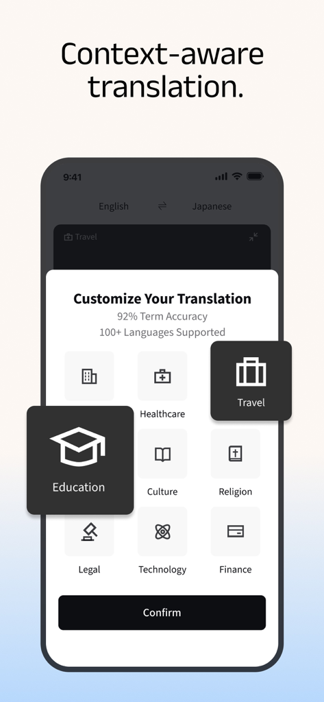 Owll Translator：AI Voice Clone - Interface d'Owll Translator montrant des catégories spécifiques à l'industrie pour une traduction contextuelle, y compris la santé, le droit et les voyages