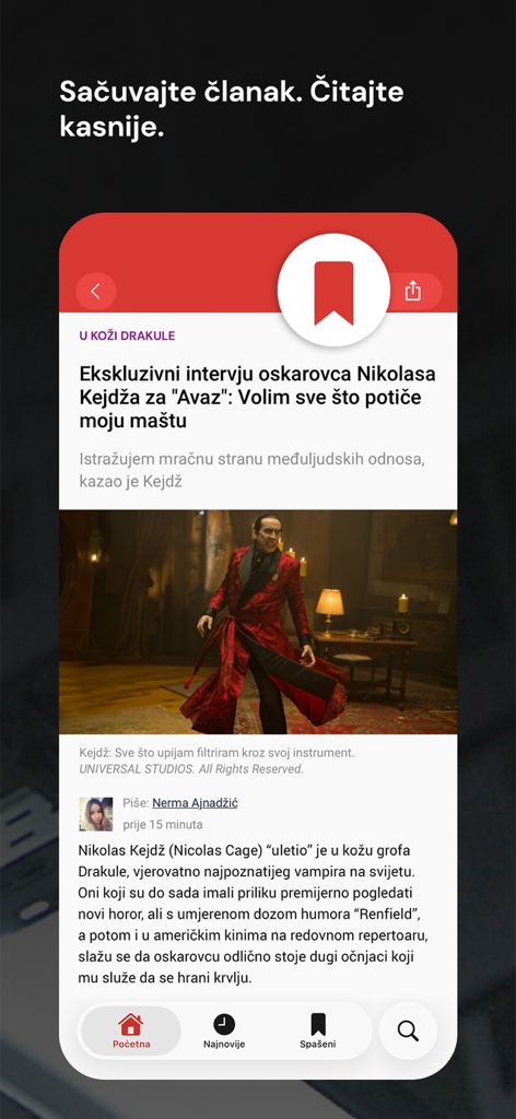 Avaz - Capture d'écran de l'interface de l'application d'actualités Avaz montrant comment mettre un article en favori et l'enregistrer pour le lire plus tard.