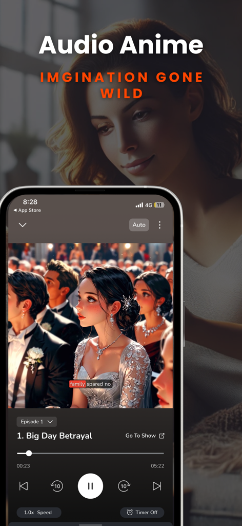 Kuku FM: Audio Series - Kuku FM app interface showing an audio anime series episode titled Big Day Betrayal