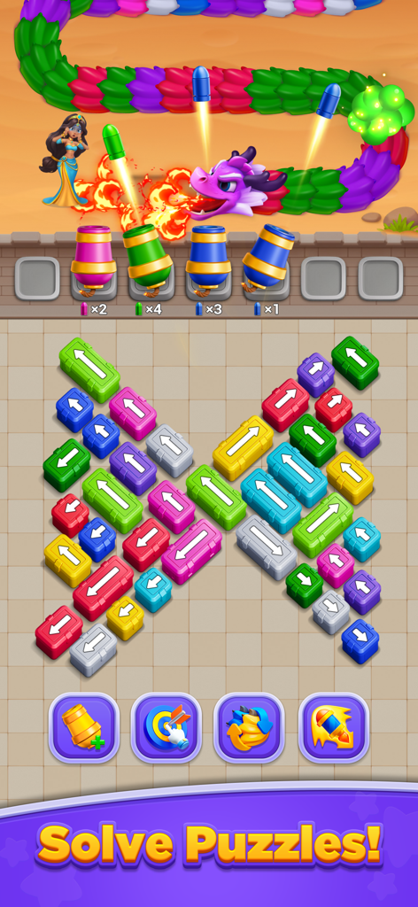 Princess Protect: Dragon Wars - Gameplay screenshot of Princess Protect Dragon Wars showing a color-matching arrow puzzle to fire cannons at a multi-colored dragon.