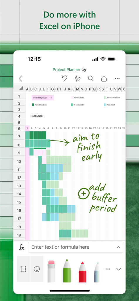 Microsoft Excel on iPhone showing a project planner spreadsheet with green handwritten ink annotations.
