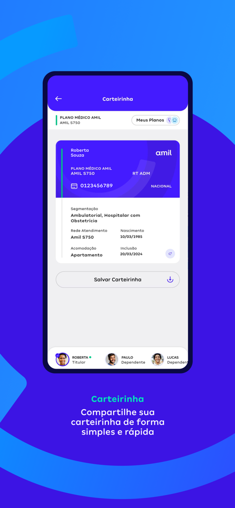 Digital health insurance ID card on the Amil Clientes mobile app interface