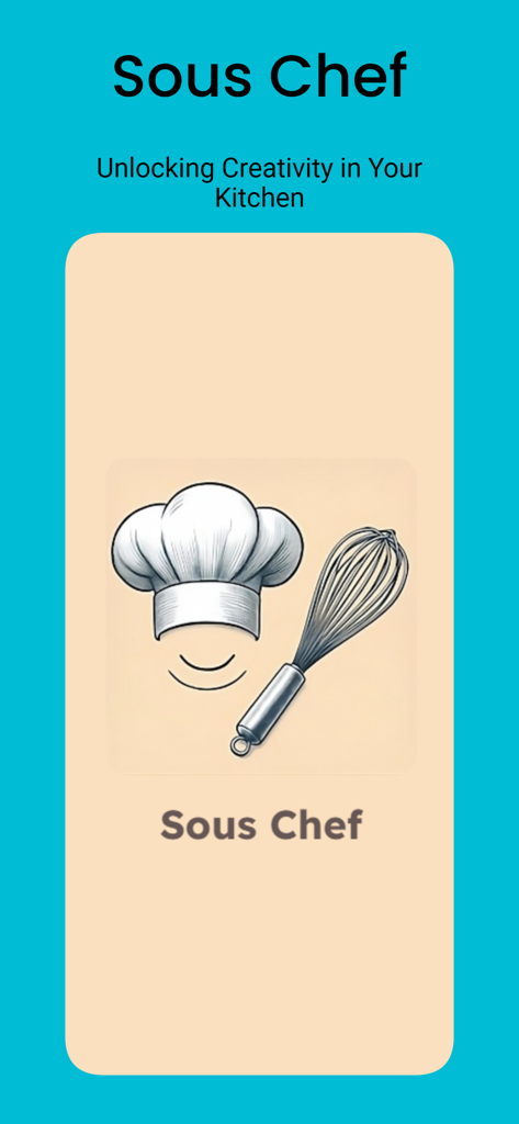 Tela inicial do aplicativo Meal Prep Planner AI Assistant com o título Sous Chef, apresentando um ícone de chapéu de chef e um batedor.