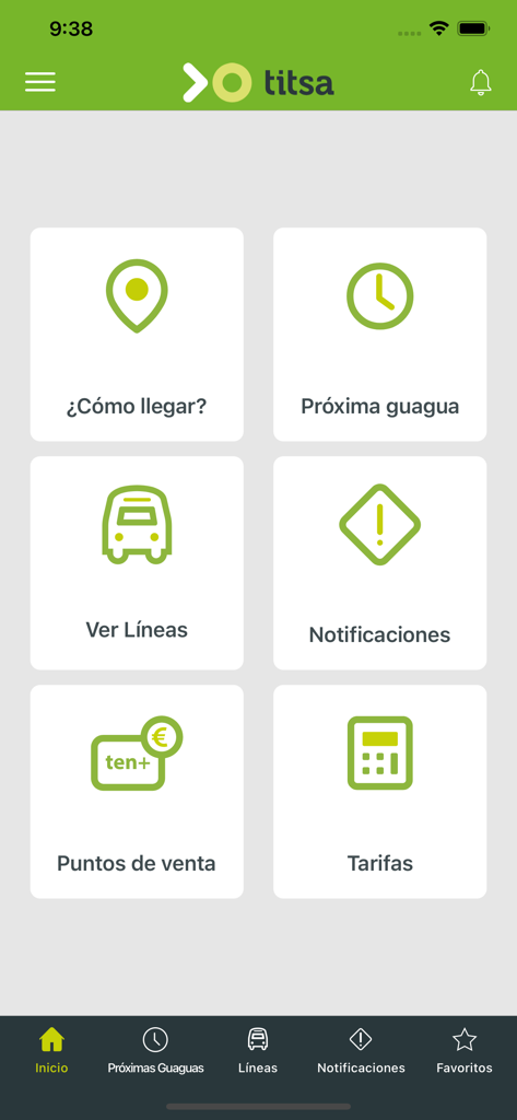 Titsa - Home screen of the Titsa bus app showing navigation icons for routes schedules and bus fares