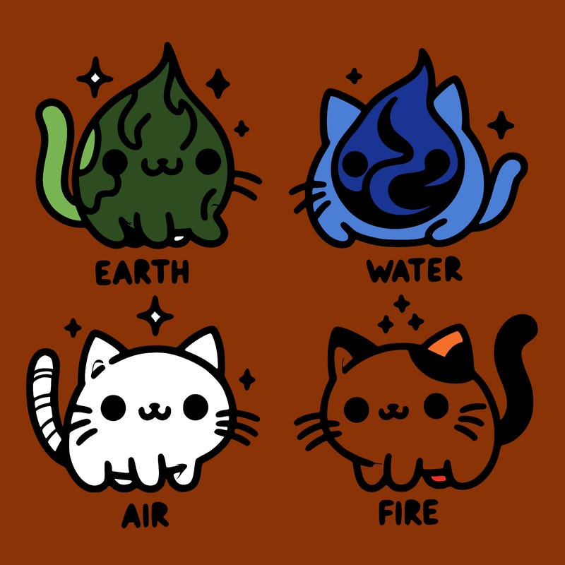 4 cats that represent the different elements, earth, water, air, and fire