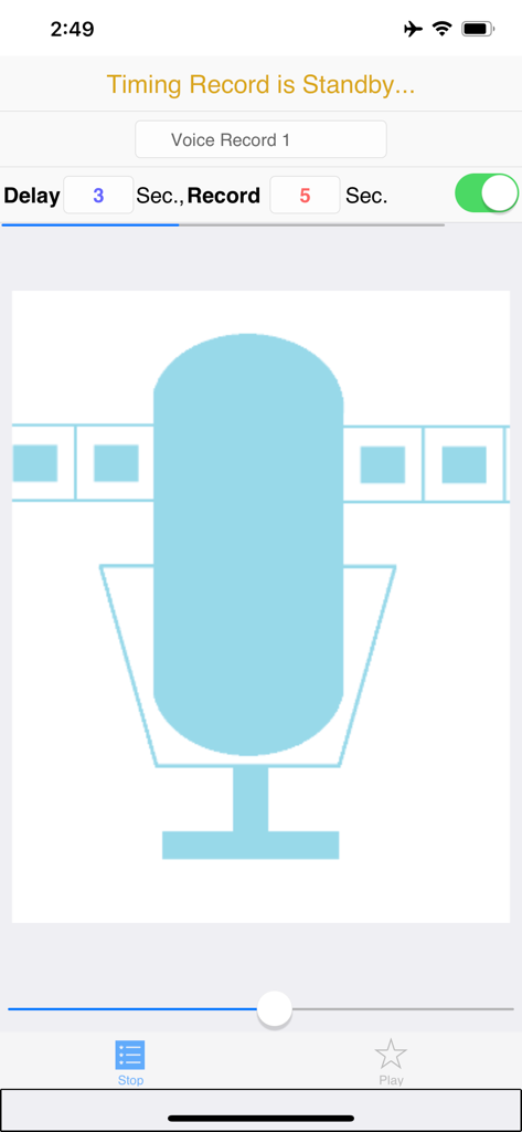 Timing Voice Recorder - Timing Voice Recorder app interface showing delay and duration settings for a timed audio recording