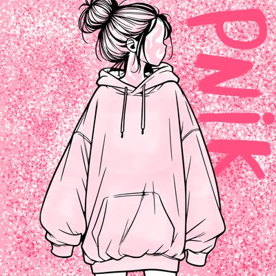 realistic girl with a oversized sweatshirt on and a bun