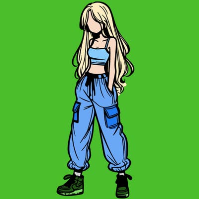 girl in baggy pants crop top and long hair