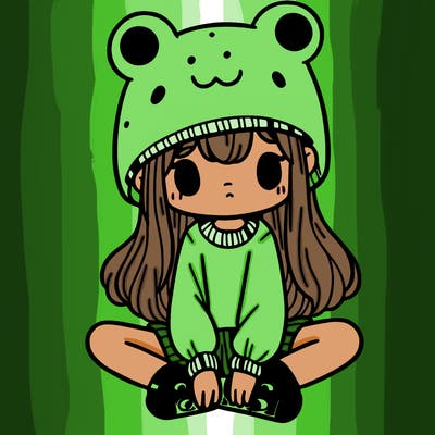 a girl wearing a frog hat and some frog socks