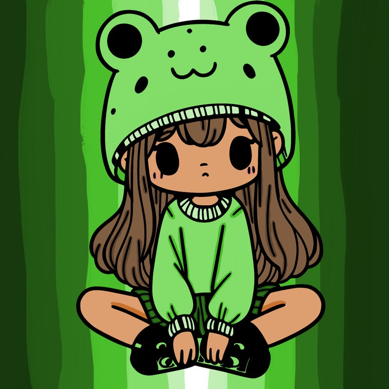 a girl wearing a frog hat and some frog socks