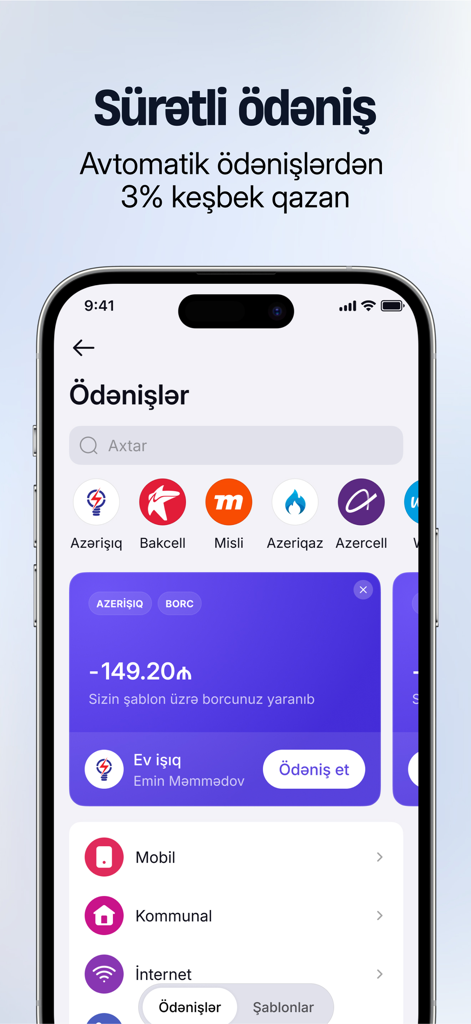 ABB mobile: Təhlükəsiz Bank - 캐시백 혜택과 함께 전기 및 가스 공과금 납부 옵션을 보여주는 ABB mobile 앱 인터페이스