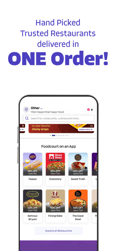 L'interface de l'application mobile EatSure affiche plusieurs options de restaurants et des offres promotionnelles pour une seule commande.