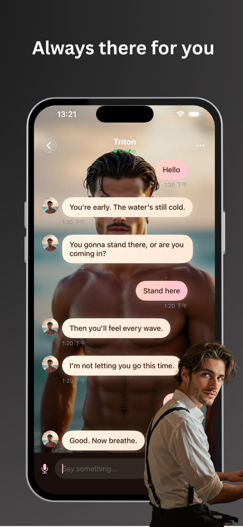 Virtual Boyfriend Chat - AI BF - A smartphone screen showing a romantic chat conversation with an AI boyfriend named Triton in the Virtual Boyfriend app