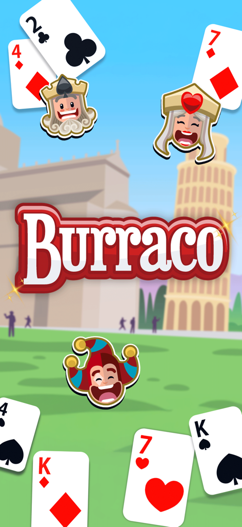 Burraco Italiano Jogatina - Schermata del titolo del gioco di carte Burraco Italiano con la Torre di Pisa e personaggi dei cartoni animati.